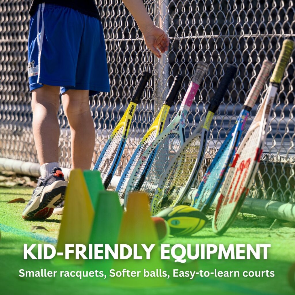 Kid friendly tennis equipment available inside our SSMG courts